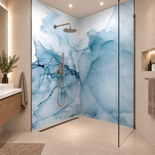 Indigo Ink, paint, abstract background. Highly-textured oil paint. Sophisticated marble luxury texture. Paint color swirls. Blue water waves, zwei Platten