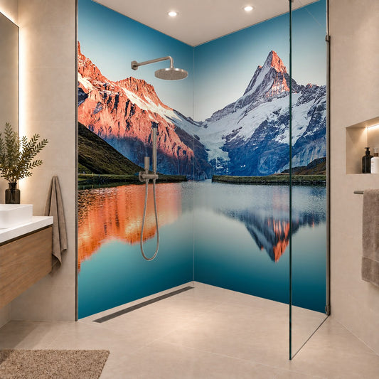 Fantastic evening panorama of Bachalp lake / Bachalpsee, Switzerland. Picturesque autumn sunset in Swiss alps, Grindelwald, Bernese Oberland, Europe. Beauty of nature concept background, zwei Platten