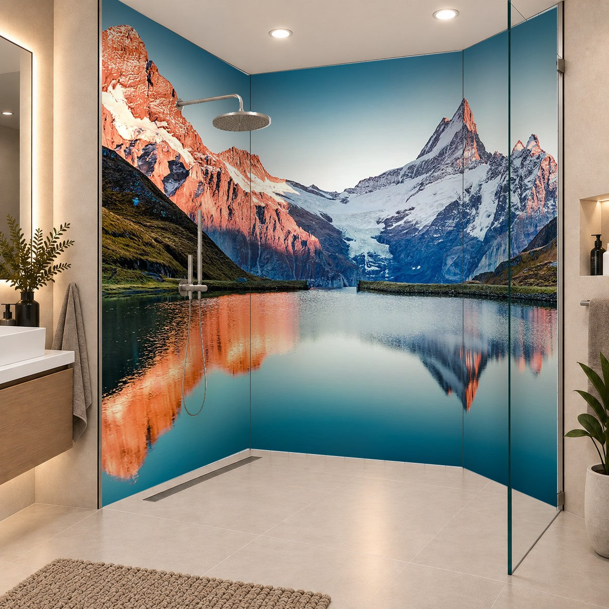 Fantastic evening panorama of Bachalp lake / Bachalpsee, Switzerland. Picturesque autumn sunset in Swiss alps, Grindelwald, Bernese Oberland, Europe. Beauty of nature concept background, drei Platten