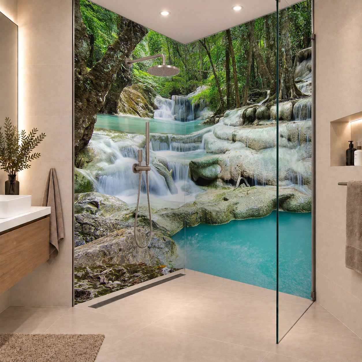 Erawan Falls (The fifth waterfall – Buer Mai Long) with emerald green ponds in Erawan National Park, zwei Platten