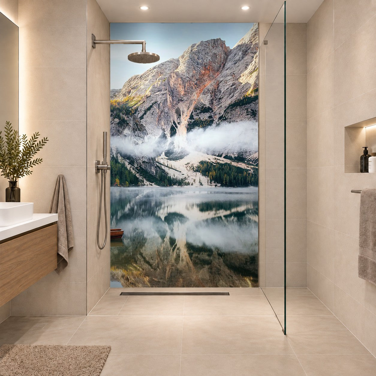 Panoramic view of Braies Lake with the hut and boats in Dolomites mountains and Seekofel in the morning, Sudtirol, Italy, eine Platte