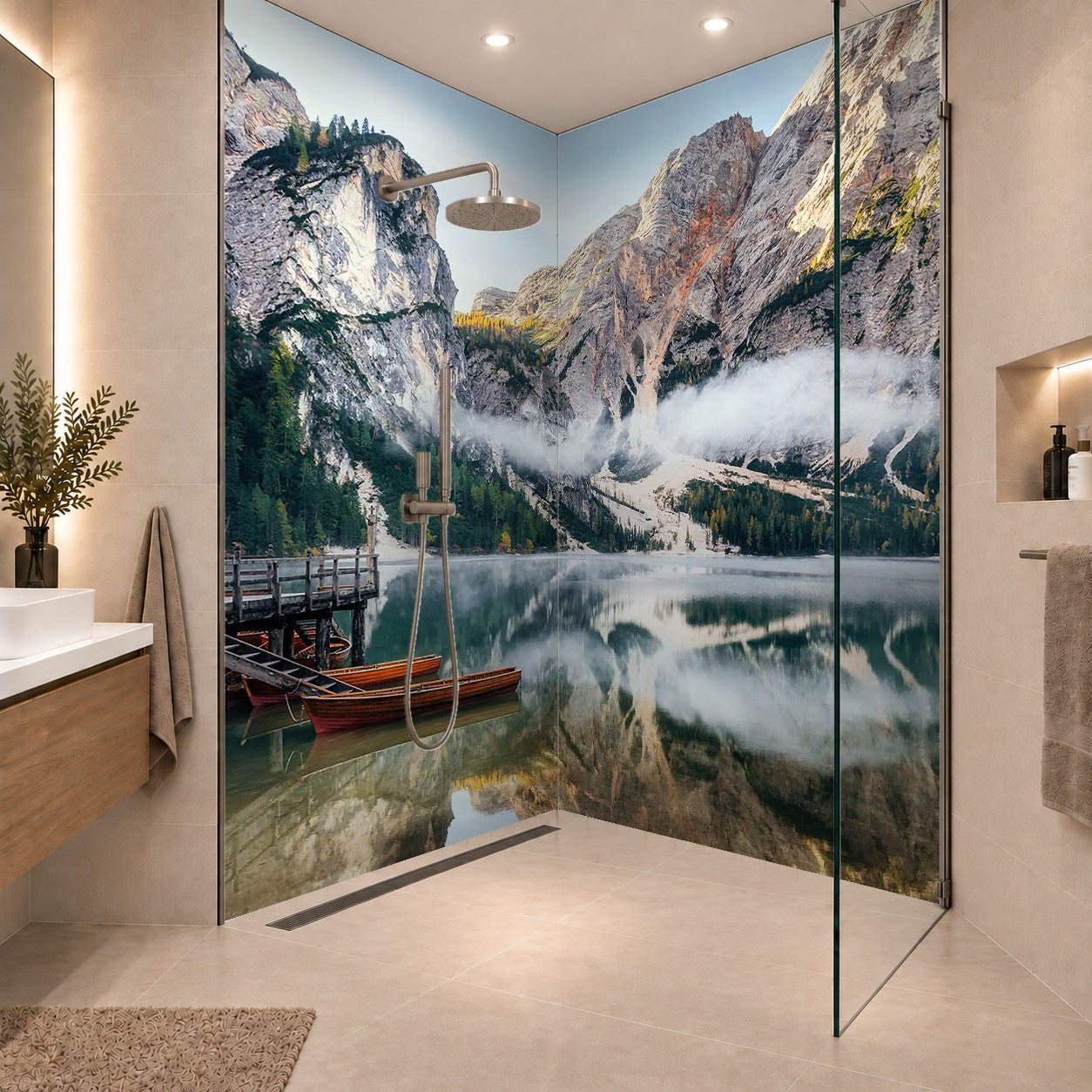 Panoramic view of Braies Lake with the hut and boats in Dolomites mountains and Seekofel in the morning, Sudtirol, Italy, zwei Platten