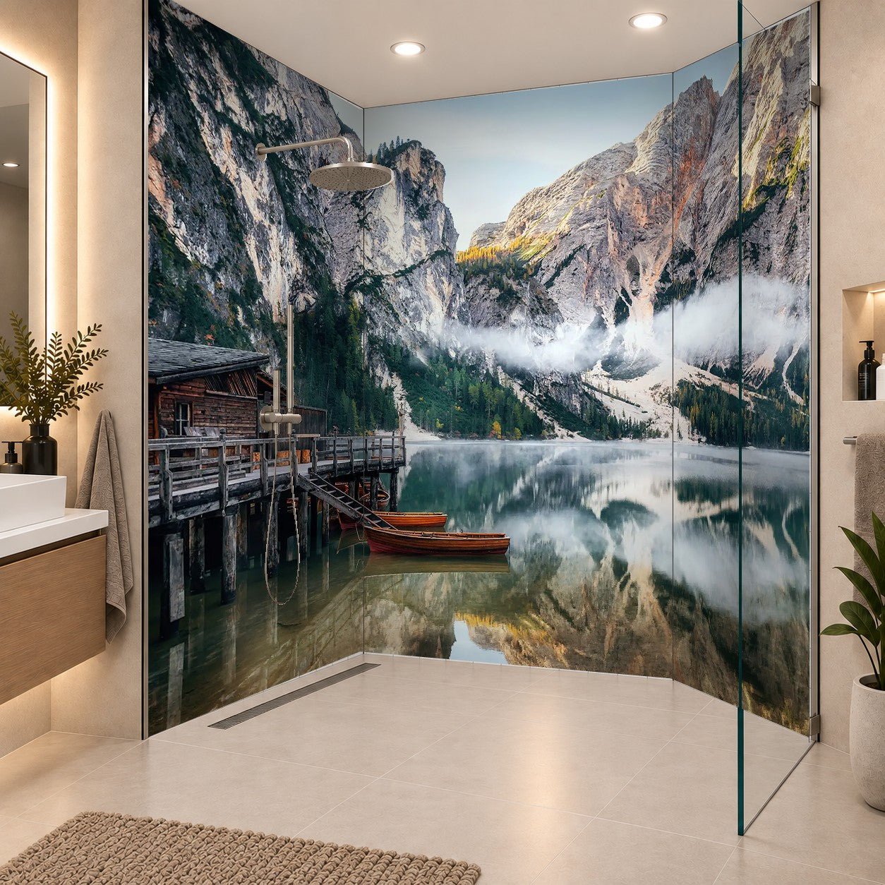Panoramic view of Braies Lake with the hut and boats in Dolomites mountains and Seekofel in the morning, Sudtirol, Italy, drei Platten
