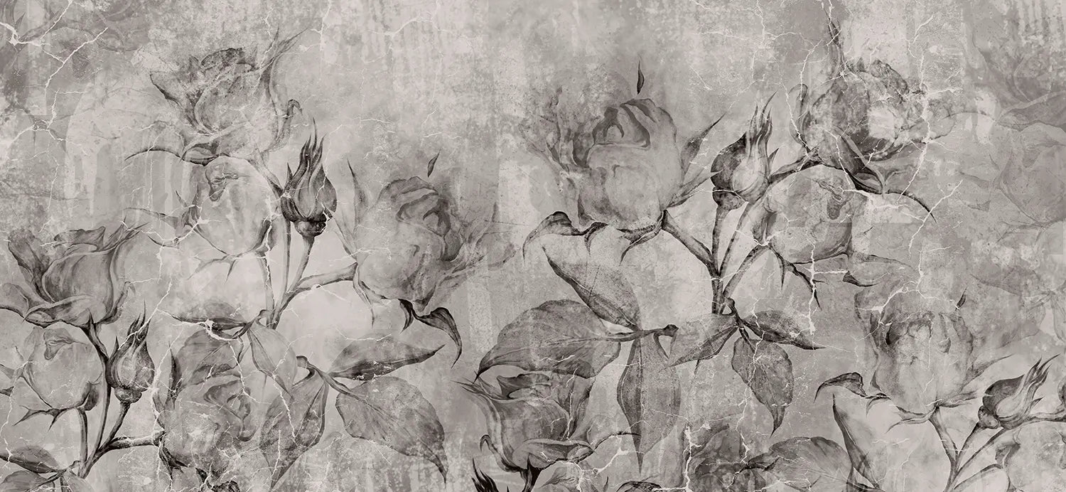Schwarz-weiße Vintage-Rosen, Wandgemälde im Innenraum auf strukturiertem Hintergrund