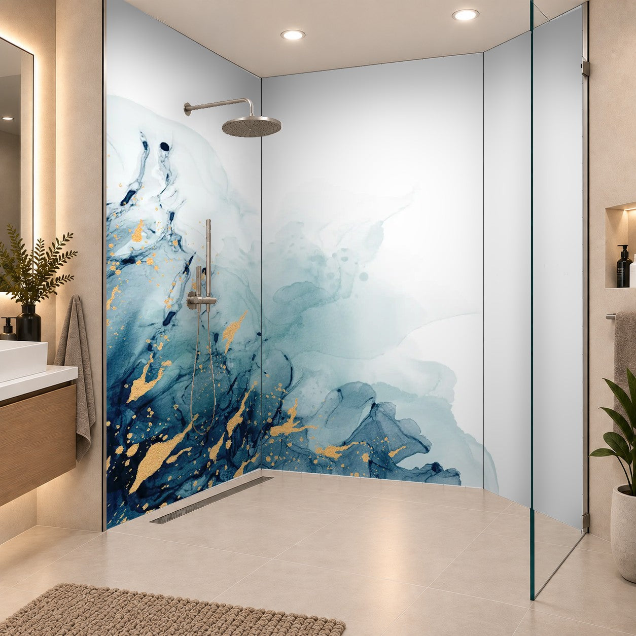 Abstract fluid art painting blue and gold by alcohol ink or watercolor with white space. For decoration, banner, background in luxury style, drei Platten
