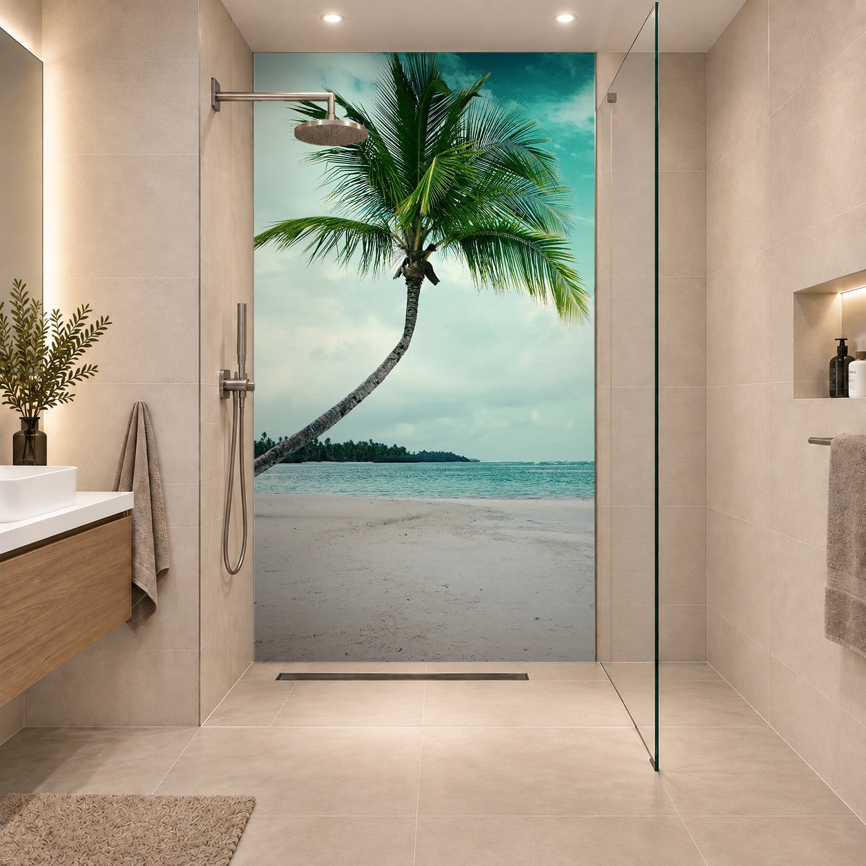 Palm tree on white tropical beach. Travel background, eine Platte