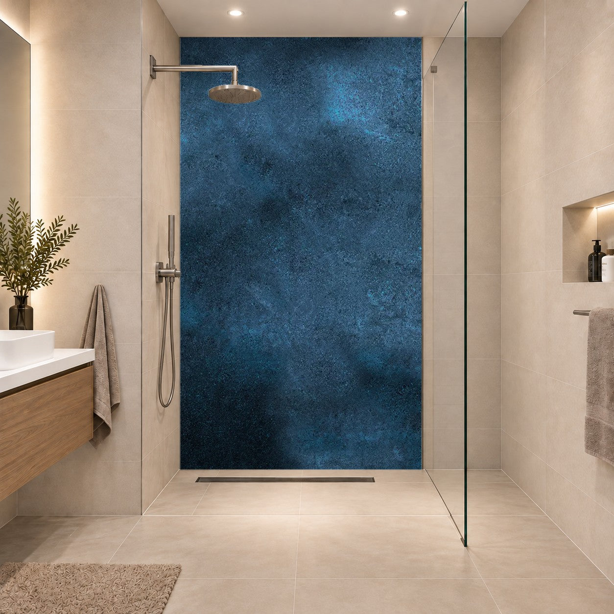 Blaue Zementwand Beton in blauer Optik Strukturputzwand, eine Platte