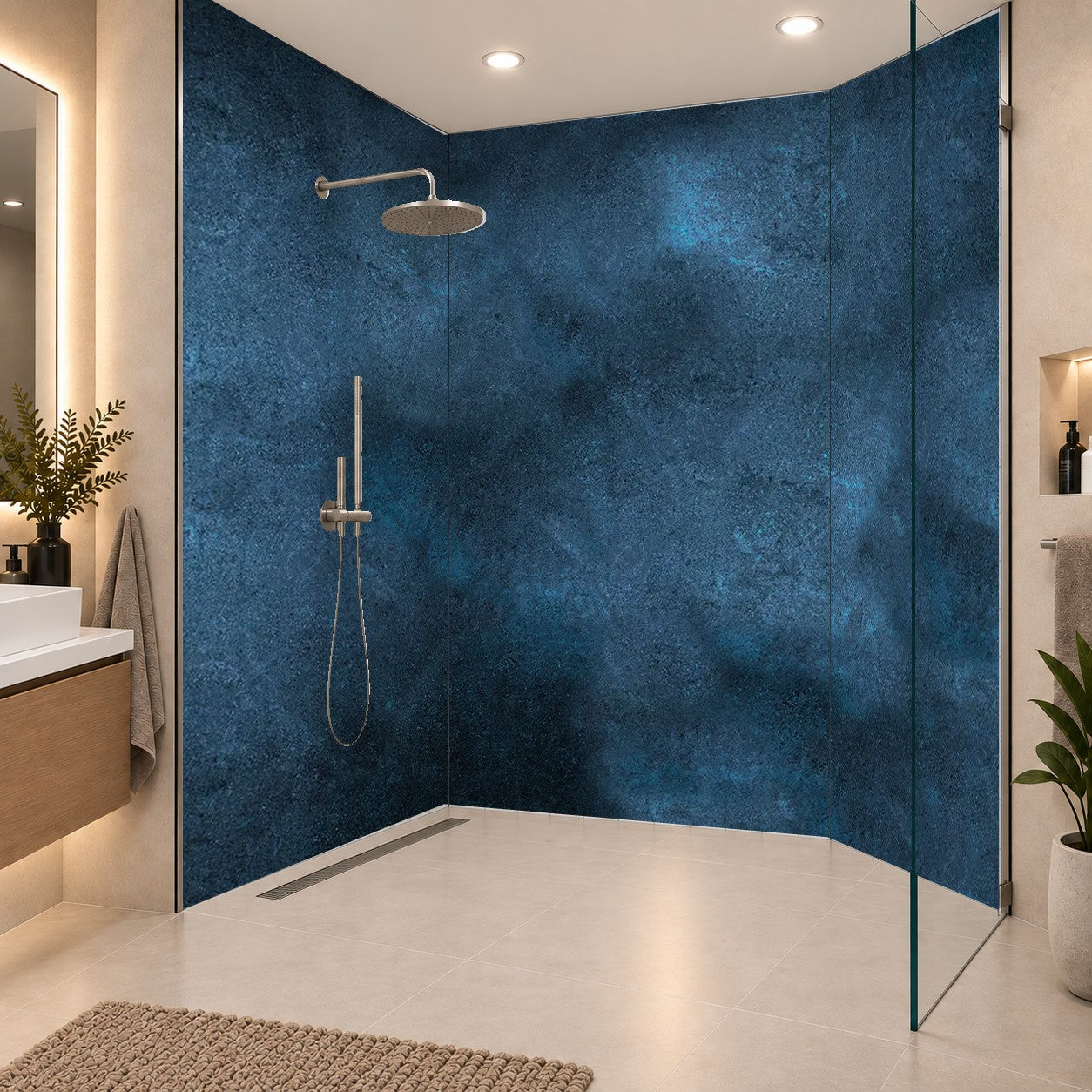 Blaue Zementwand Beton in blauer Optik Strukturputzwand, drei Platten