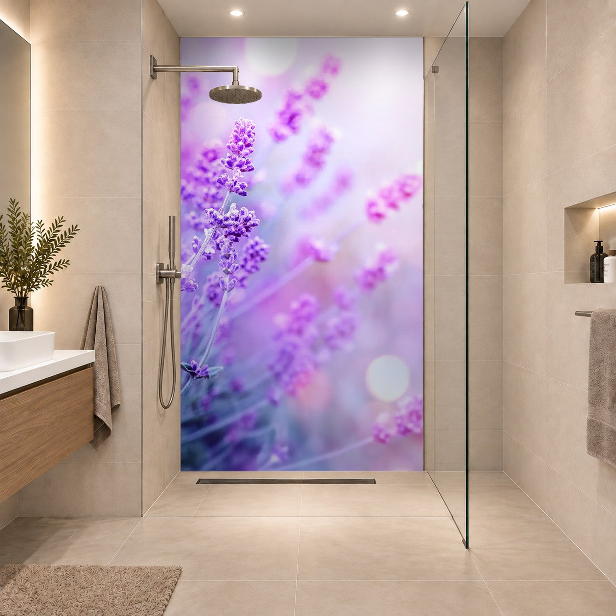 Lavender. Blooming fragrant lavender flowers on a field, closeup. Violet background of growing lavender swaying on wind. Aromatherapy, eine Platte
