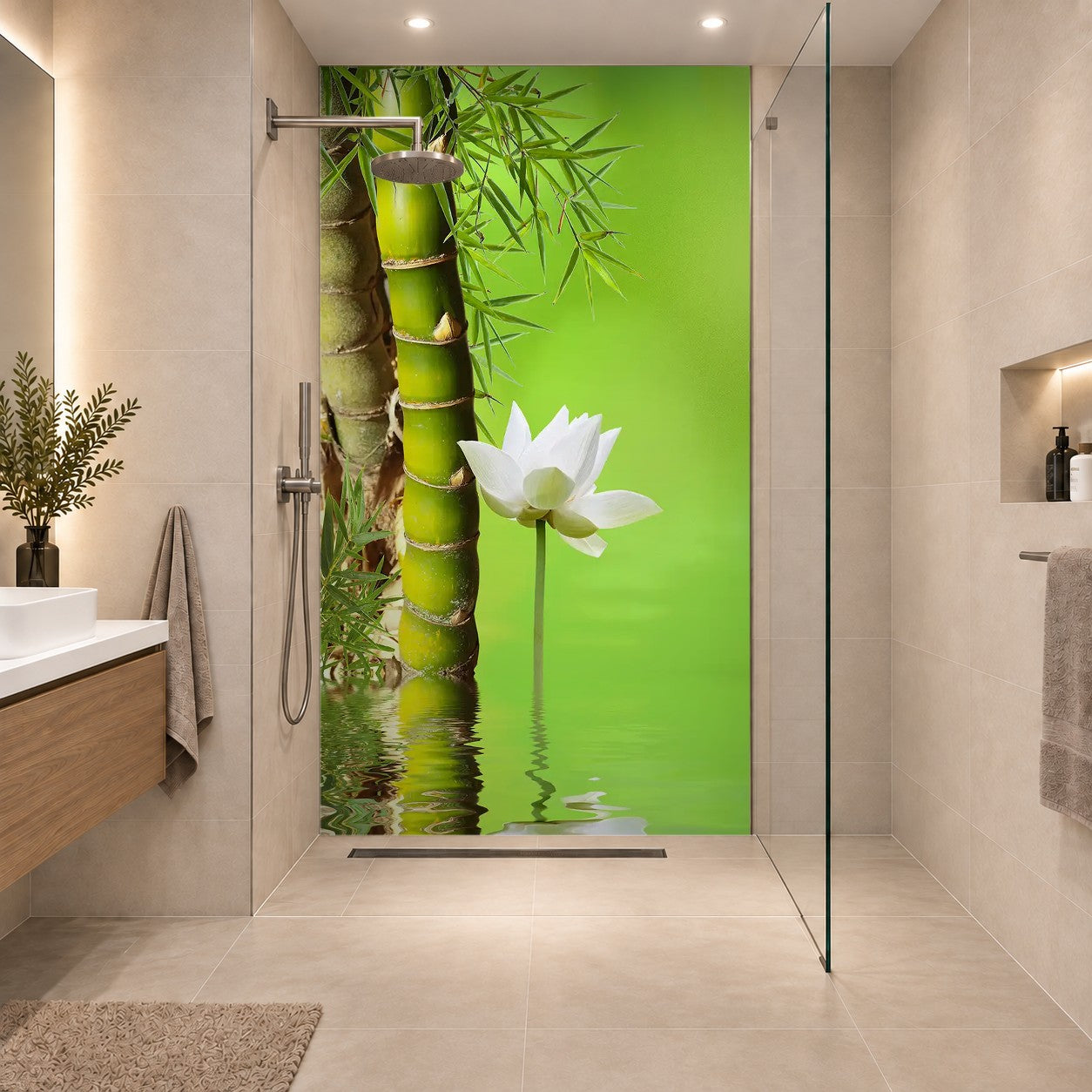 Grüne Bambusstämme mit weißer Lotusblüte vor einem hellgrünen Hintergrund und spiegelnder Wasseroberfläche., eine Platte