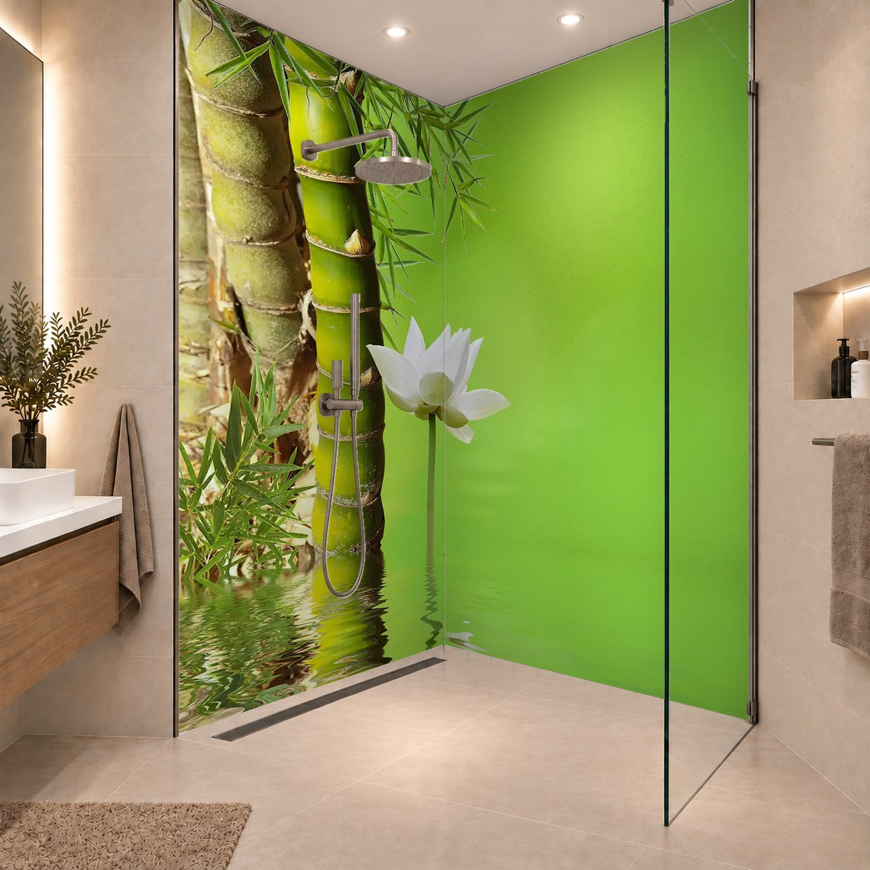 Grüne Bambusstämme mit weißer Lotusblüte vor einem hellgrünen Hintergrund und spiegelnder Wasseroberfläche., zwei Platten
