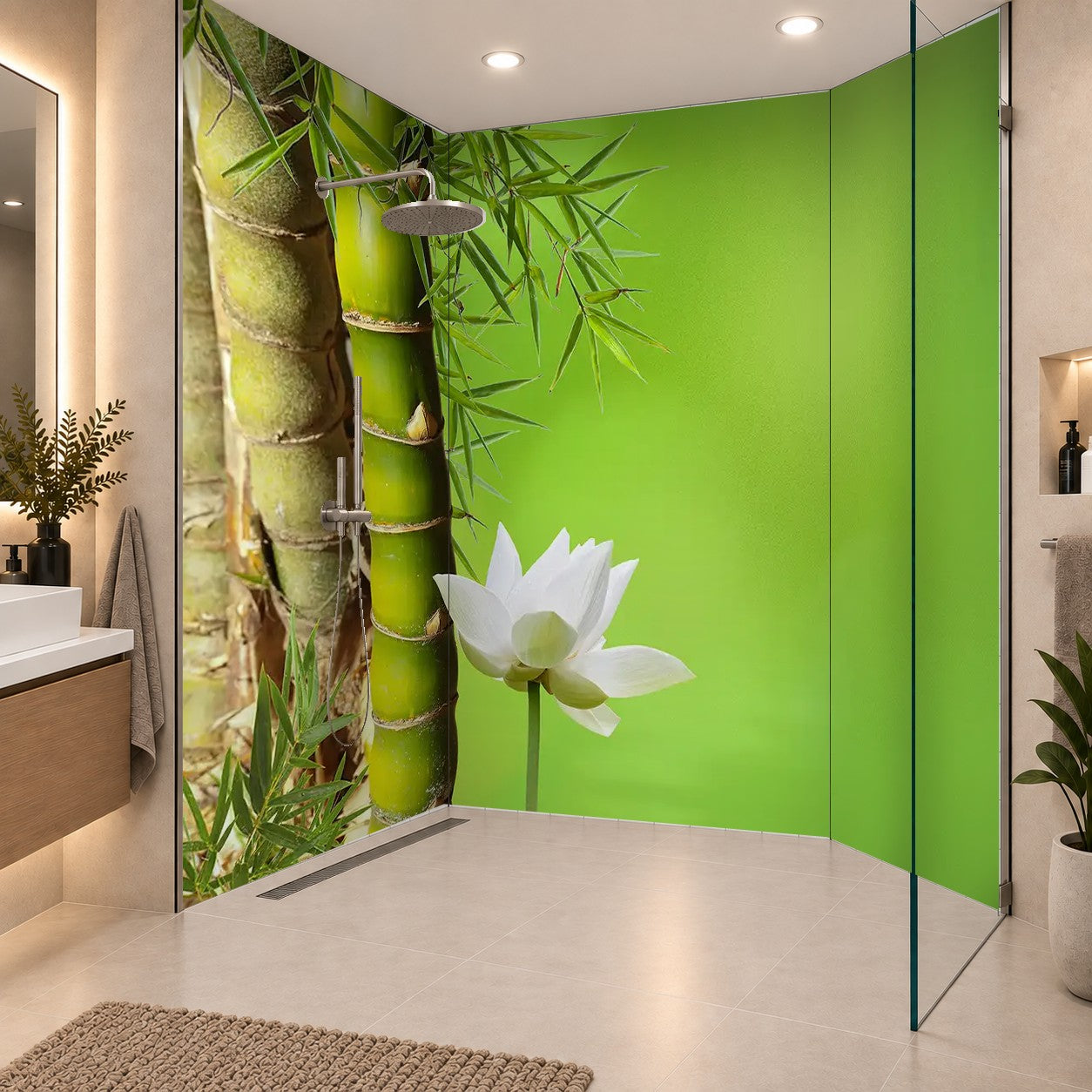 Grüne Bambusstämme mit weißer Lotusblüte vor einem hellgrünen Hintergrund und spiegelnder Wasseroberfläche., drei Platten