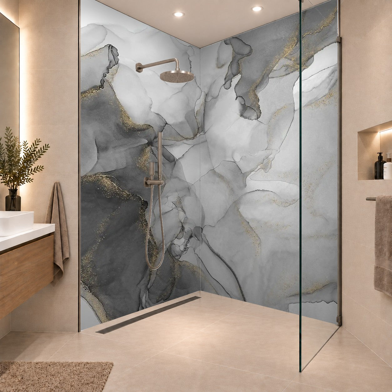 Luxury abstract fluid art painting in alcohol ink technique, mixture of black, gray and gold paints. Imitation of marble stone cut, zwei Platten