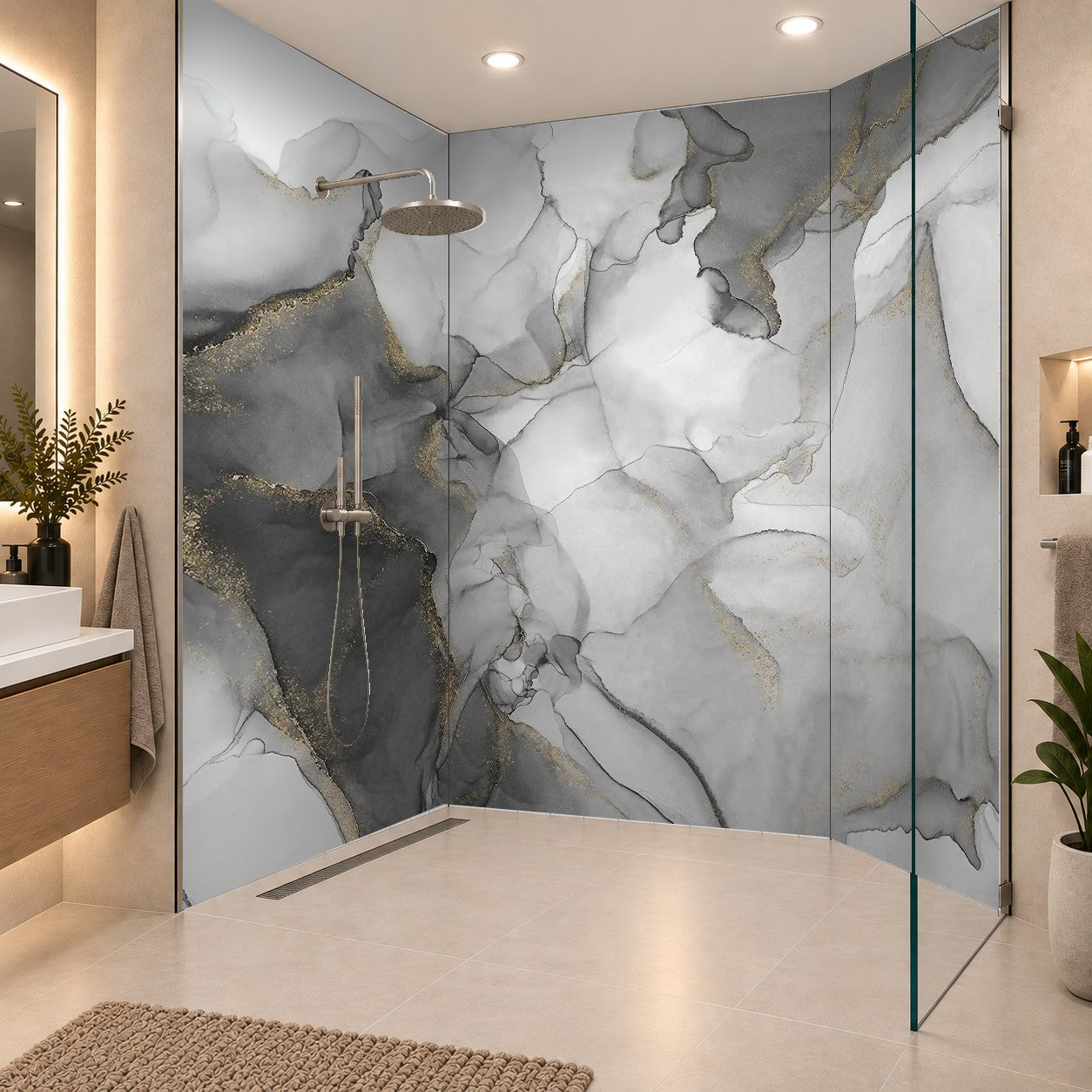 Luxury abstract fluid art painting in alcohol ink technique, mixture of black, gray and gold paints. Imitation of marble stone cut, drei Platten