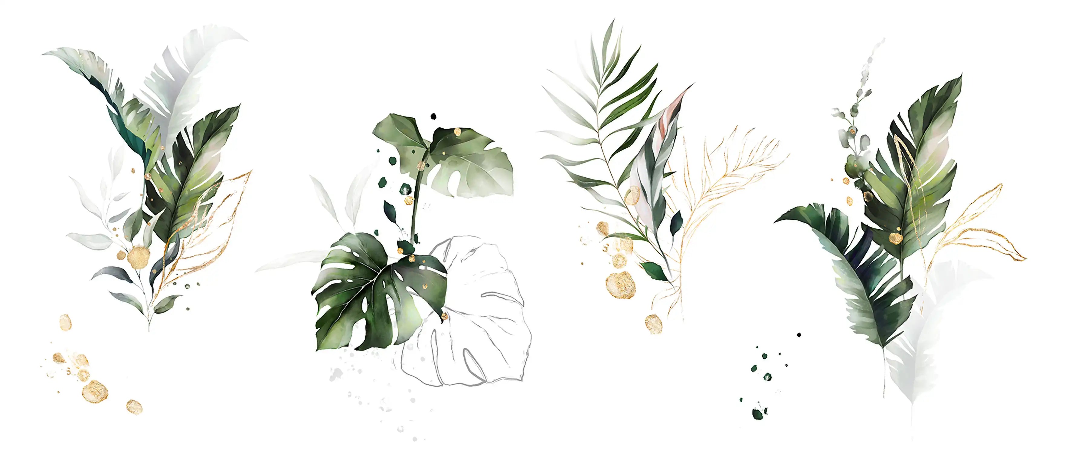 watercolor and gold leaves. herbal illustration. Botanic tropic composition. Exotic modern design Monstera
