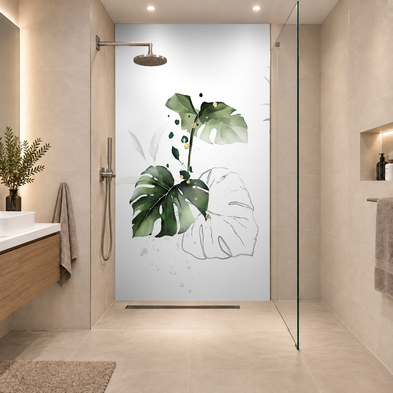 watercolor and gold leaves. herbal illustration. Botanic tropic composition. Exotic modern design Monstera, eine Platte