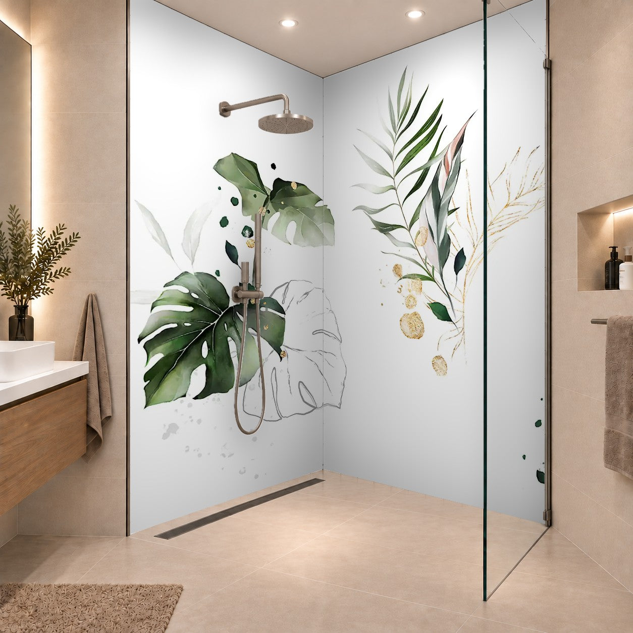watercolor and gold leaves. herbal illustration. Botanic tropic composition. Exotic modern design Monstera, zwei Platten