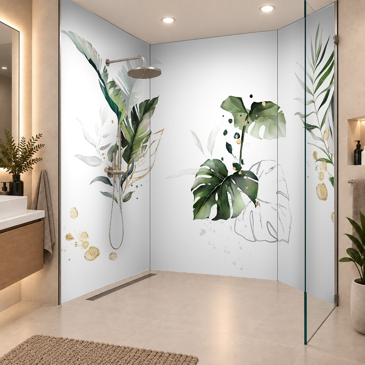 watercolor and gold leaves. herbal illustration. Botanic tropic composition. Exotic modern design Monstera, drei Platten