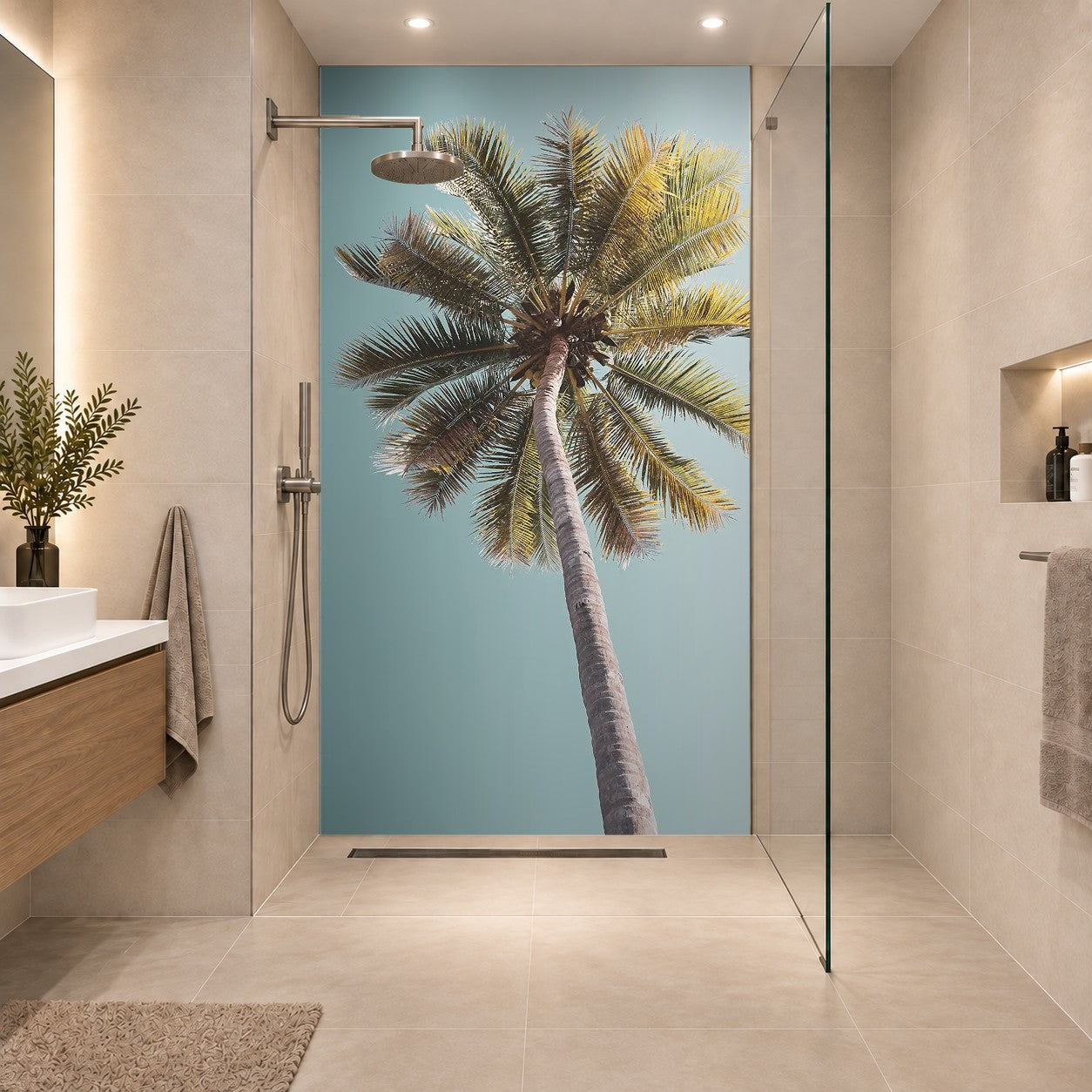 Copy space of tropical palm tree with sun light on sky background., eine Platte