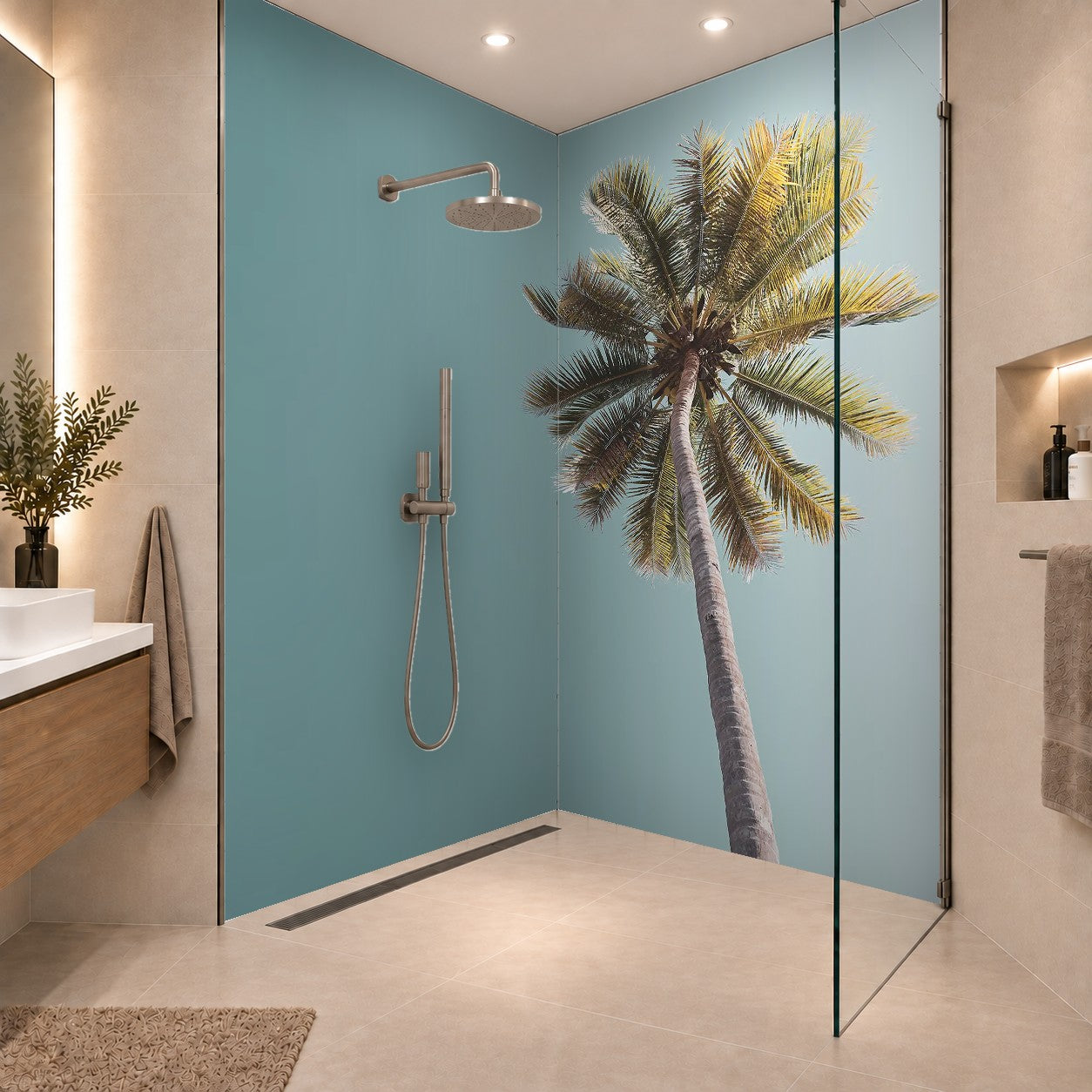 Copy space of tropical palm tree with sun light on sky background., zwei Platten