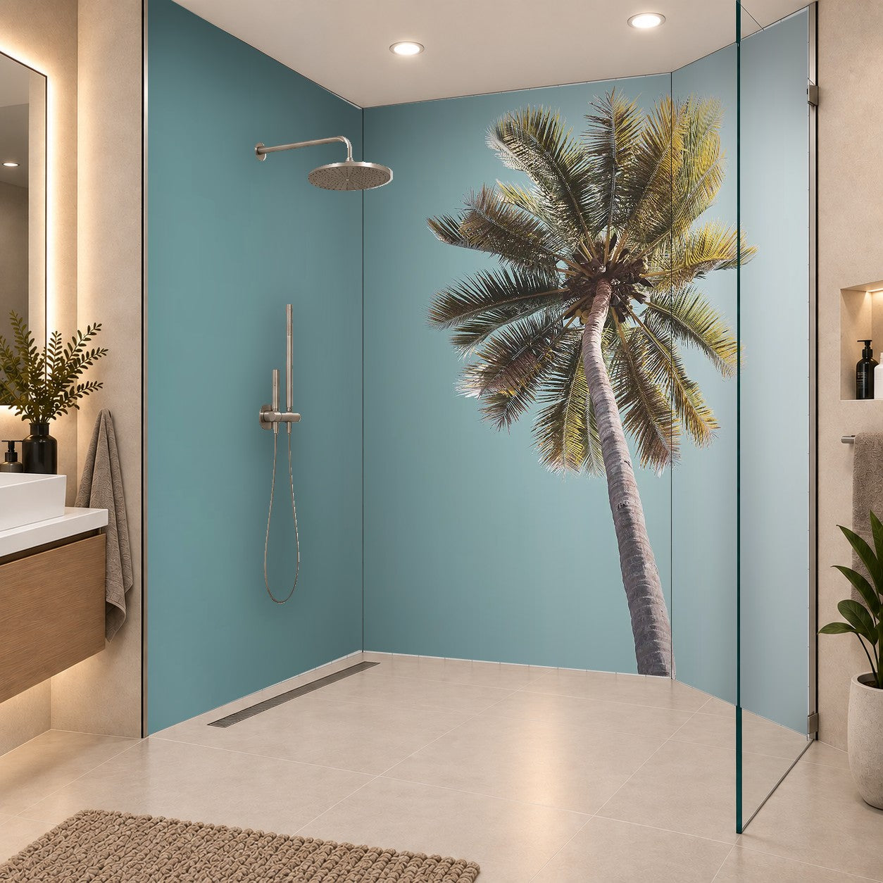 Copy space of tropical palm tree with sun light on sky background., drei Platten