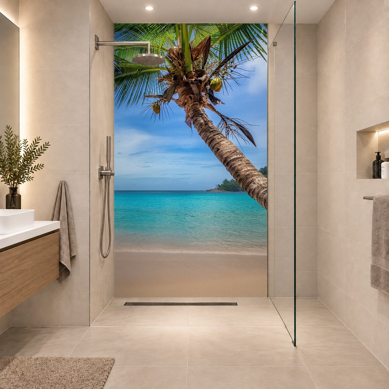 Tropical sunny white sand beach with coco palms and the turquoise sea on Caribbean island, eine Platte
