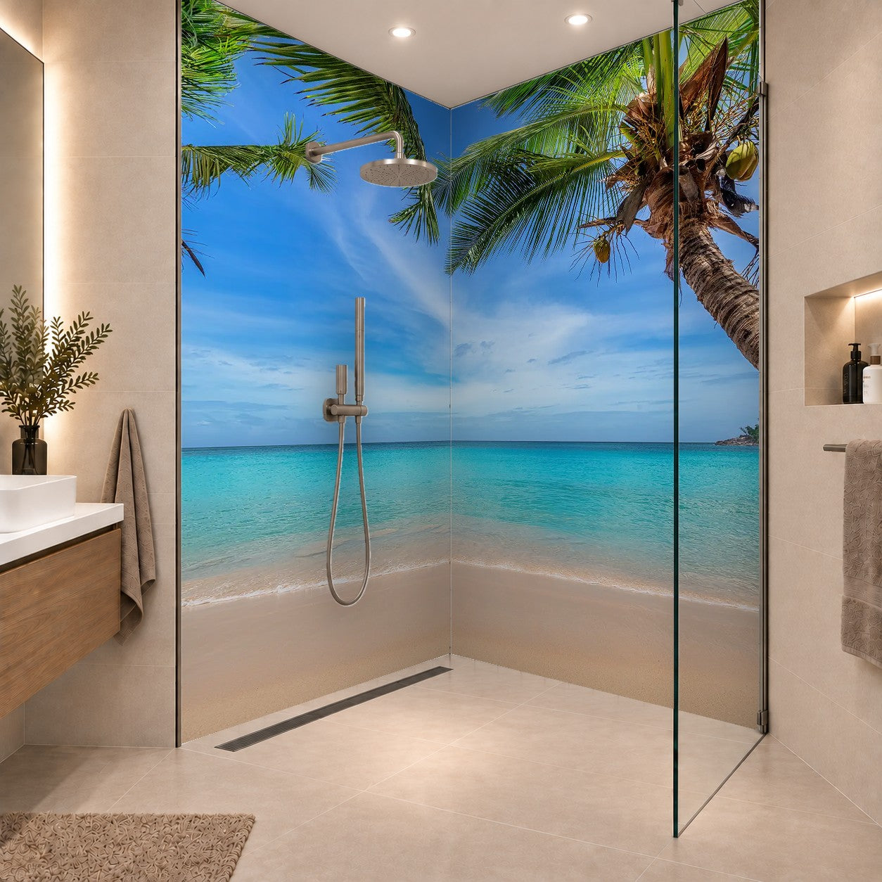Tropical sunny white sand beach with coco palms and the turquoise sea on Caribbean island, zwei Platten