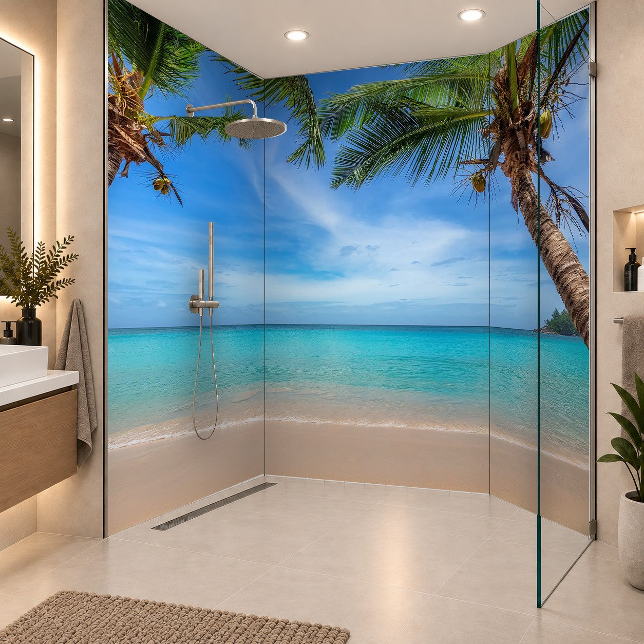 Tropical sunny white sand beach with coco palms and the turquoise sea on Caribbean island, drei Platten
