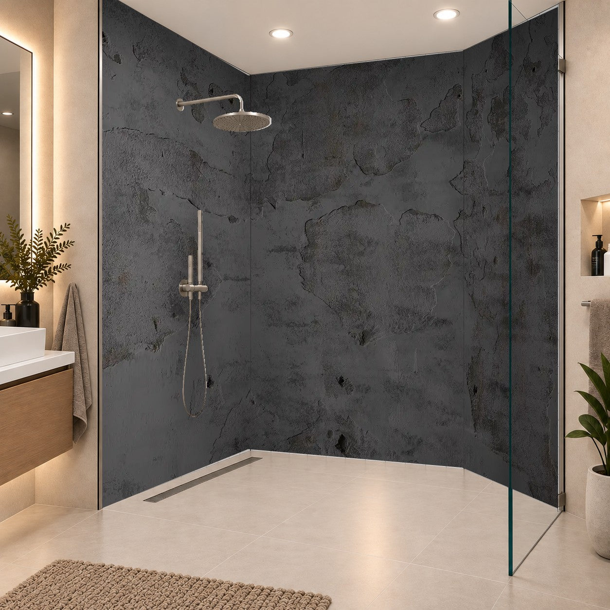 Sichtbeton Anthrazit Dunklegrau Sichtbetonwand 3D, drei Platten