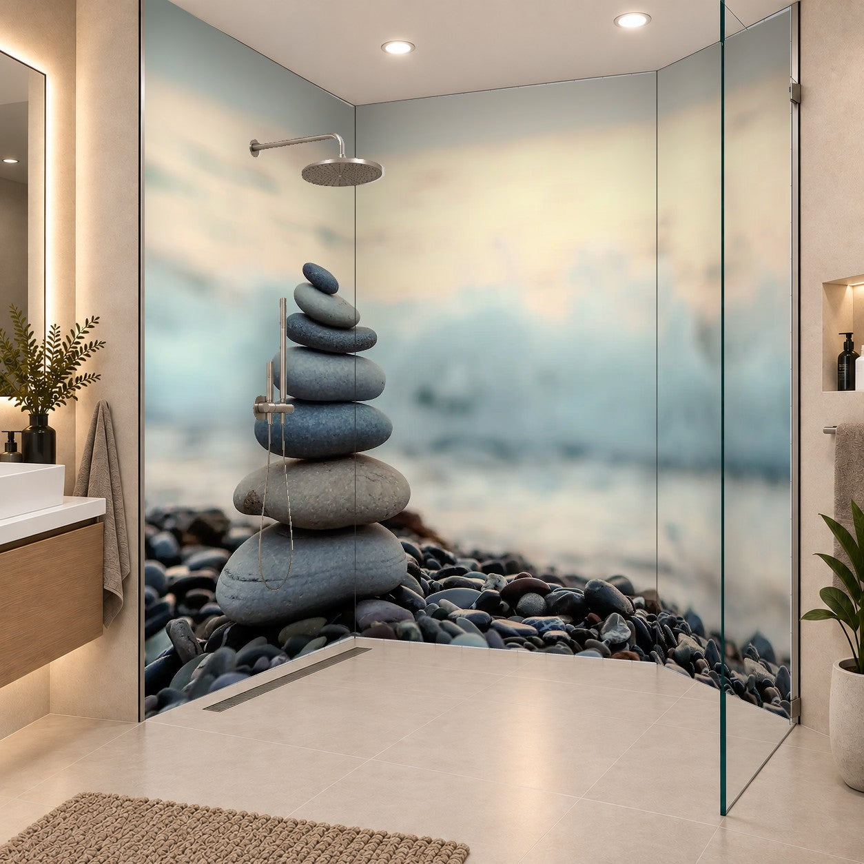 made of stone tower on the beach and blur background, drei Platten