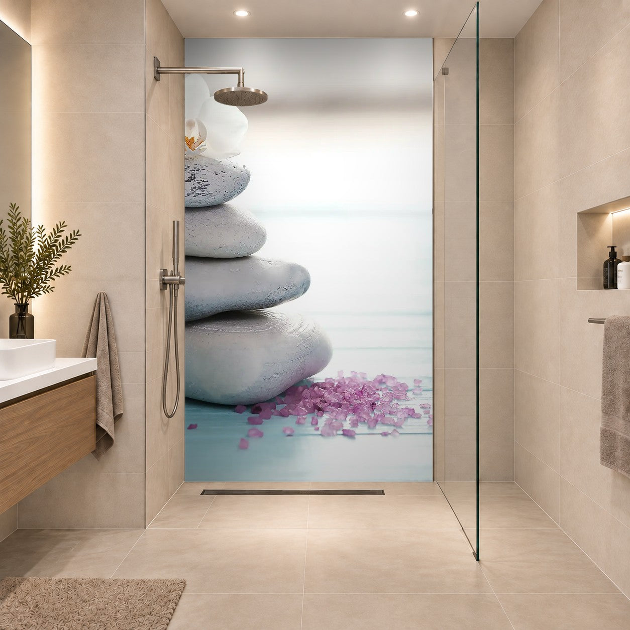 Spa stones, sea salt and flower on table against blurred background. Space for text, eine Platte