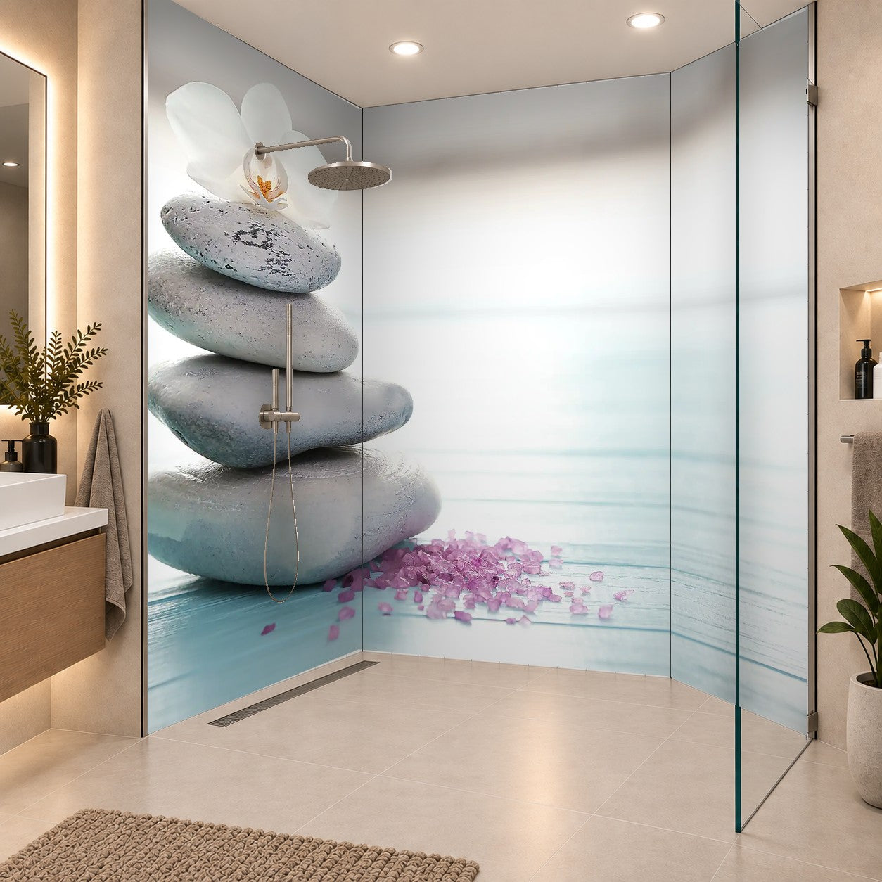 Spa stones, sea salt and flower on table against blurred background. Space for text, drei Platten